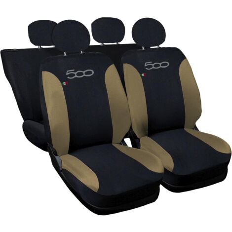 Lupex shop - Coprisedili Auto Compatibili per 500, Made In Italy, set di copri sedili anteriori e posteriori con copri poggiatesta incluso, New, tessuto poliestere, Nero - Beige