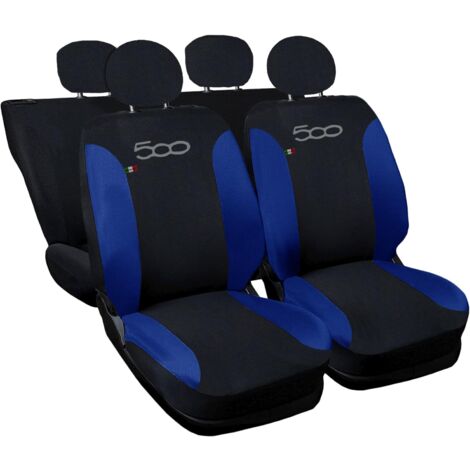 Lupex shop - Coprisedili Auto Compatibili per 500, Made In Italy, set di copri sedili anteriori e posteriori con copri poggiatesta incluso, New, tessuto poliestere, Nero - Blu Royal