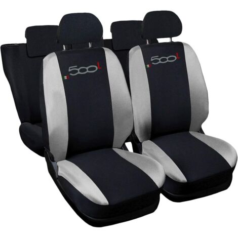 Lupex shop - Coprisedili Auto Compatibili per 500L, Made In Italy, set di copri sedili anteriori e posteriori con copri poggiatesta incluso, tessuto poliestere, Nero - Grigio Chiaro