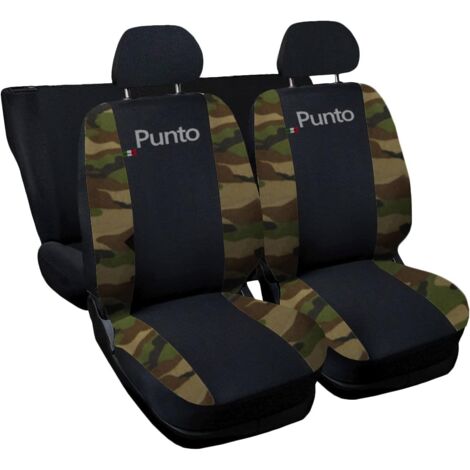 Lupex shop - Coprisedili Auto Compatibili per Punto, Made In Italy, anteriori e posteriori con copri poggiatesta incluso, tessuto poliestere, colore - Nero\Mimetico classico