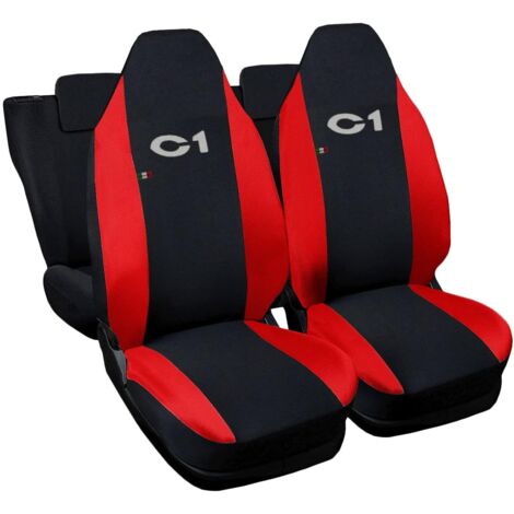 Lupex shop - Coprisedili Auto Compatibili per C1, Made In Italy, set anteriori e posteriori, copri poggiatesta incluso, tessuto poliestere, Nero - Rosso