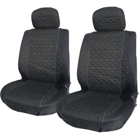 Lupex Shop – Coprisedili universali per auto, coppia anteriore, Tessuto in Gambardina, Poggiatesta fisso o rimovibile (Nero con linea Grigia)