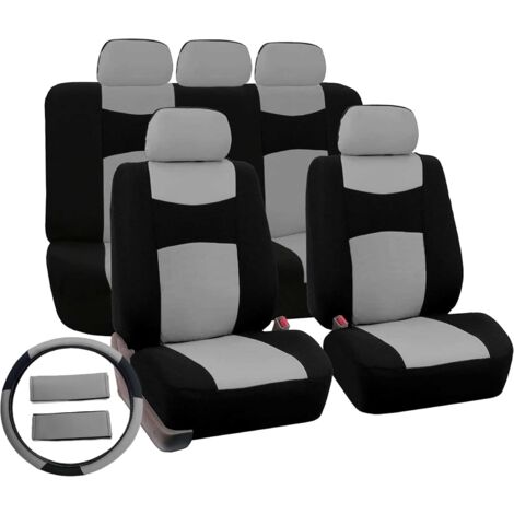 Lupex Shop - Coprisedili per auto universali mod. A18 con copri volante e cintura, colore Grigio Chiaro/Nero