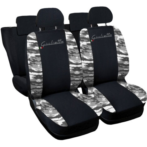 Lupex shop - Coprisedili Auto Compatibili per Giulietta, Made In Italy, set di copri sedili anteriori e posteriori con copri poggiatesta incluso, tessuto poliestere, colore - Nero - Mimetico Chiaro