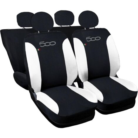 Lupex shop - Coprisedili Auto Compatibili per 500, Made In Italy, set di copri sedili anteriori e posteriori con copri poggiatesta incluso, New, tessuto poliestere, Nero - Bianco