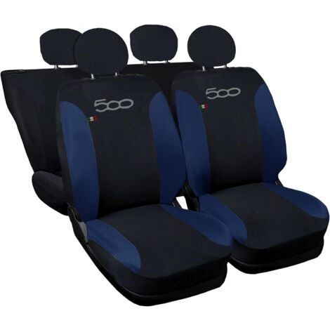 Lupex shop - Coprisedili Auto Compatibili per 500, Made In Italy, set di copri sedili anteriori e posteriori con copri poggiatesta incluso, New, tessuto poliestere, Nero - Blu Scuro