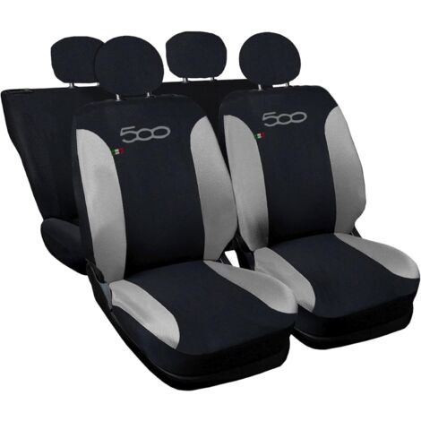 Lupex shop - Coprisedili Auto Compatibili per 500, Made In Italy, set di copri sedili anteriori e posteriori con copri poggiatesta incluso, New, tessuto poliestere, Nero - Grigio Chiaro