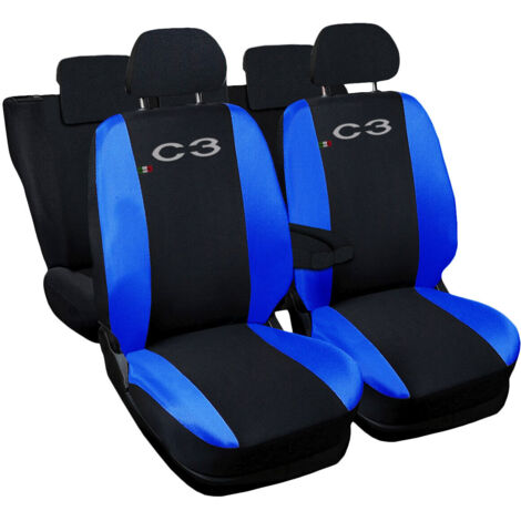 Lupex shop - Coprisedili Auto Compatibili per C3, Made In Italy, set di copri sedili anteriori e posteriori con copri poggiatesta incluso, tessuto poliestere, colore - Nero / Blu Royal