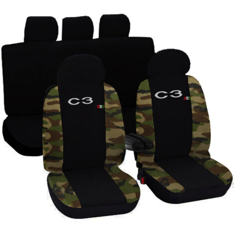Lupex shop - Coprisedili Auto Compatibili per C3, Made In Italy, set di copri sedili anteriori e posteriori con copri poggiatesta incluso, tessuto poliestere, colore - Nero / Mimetico Classico