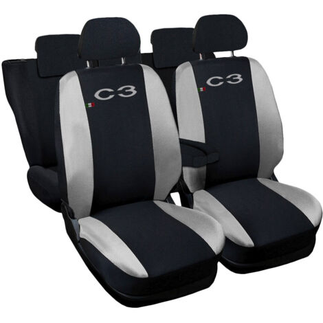 Lupex shop - Coprisedili Auto Compatibili per C3, Made In Italy, set di copri sedili anteriori e posteriori con copri poggiatesta incluso, tessuto poliestere, colore - Nero / Grigio Chiaro