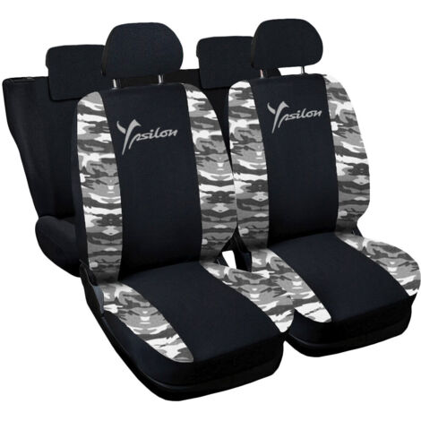 Lupex shop - Coprisedili Auto Compatibili per Ypsilon, Made In Italy, anteriori e posteriori con copri poggiatesta incluso, tessuto poliestere, Nero - Mimetico Chiaro