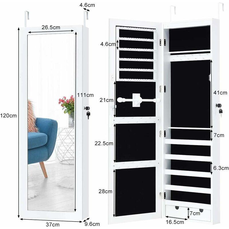 Giantex Armario de joyería para puerta de pared con espejo de longitud  completa, 2 LED con cerradura grande organizador de joyas con espejo ancho