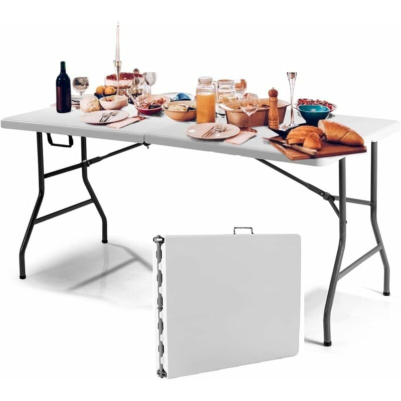 GIANTEX Mesa de camping plegable, jardín, mesa de jardín, mesa plegable, mesa de comedor, mesa auxiliar exterior, mesa de viaje, portátil, con asa, resistente a la intemperie, para camping, balcón, color blanco (153 x 74 x 74 cm)