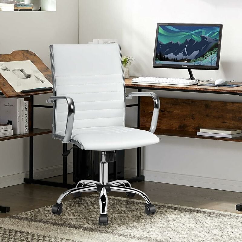 GIANTEX Silla giratoria de escritorio, asiento acolchado con superficie de PU, respaldo balancín y altura ajustable, base giratoria de 5 radios, silla moderna para hogar/oficina/gaming (blanco)