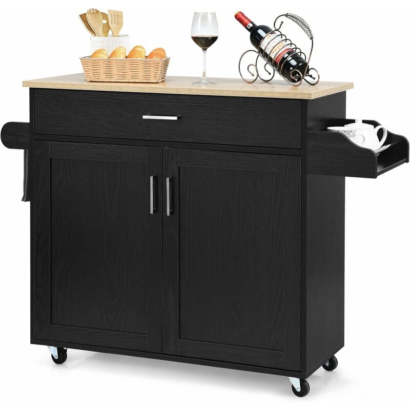 Giantex Carrito de Cocina con Encimera, Isla de Cocina, Armario de Cocina con Toallero y Tabla de Especias, Cajón Grande y Estante Ajustable, Carrito de Madera Enrollable (Negro)