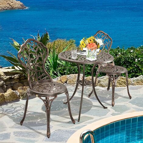 Juego de mesa y sillas para exteriores, juego de 3 piezas para exteriores,  mesa y sillas de jardín de aluminio, diseño de hojas, muebles de jardín