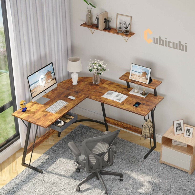 Bestier Petit bureau d'angle réversible en forme de L avec étagères de  119,4 cm, table de rangement pour bureau à domicile, petit espace, gris