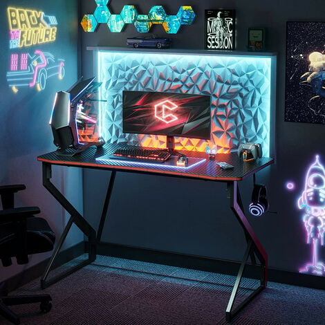HLFURNIEU Bureau Gaming avec LED, Bureau Gamer 140 × 60 cm, Table