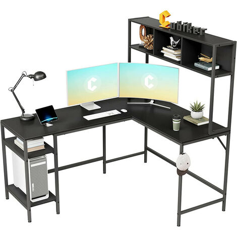 Bureau d'ordinateur en Forme de L, Table d'angle avec 4 étagères de  Rangement, 138x138x126cm, Chêne Clair et Noir