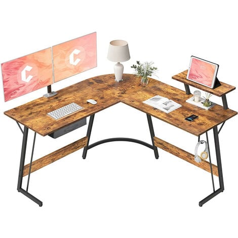Bureau d'Angle Gamer Gaming Informatique - 130*130 cm Table en Forme L avec  Support d'écran, Crochet pour Casque, Rangement Tiroir, pour Etudier