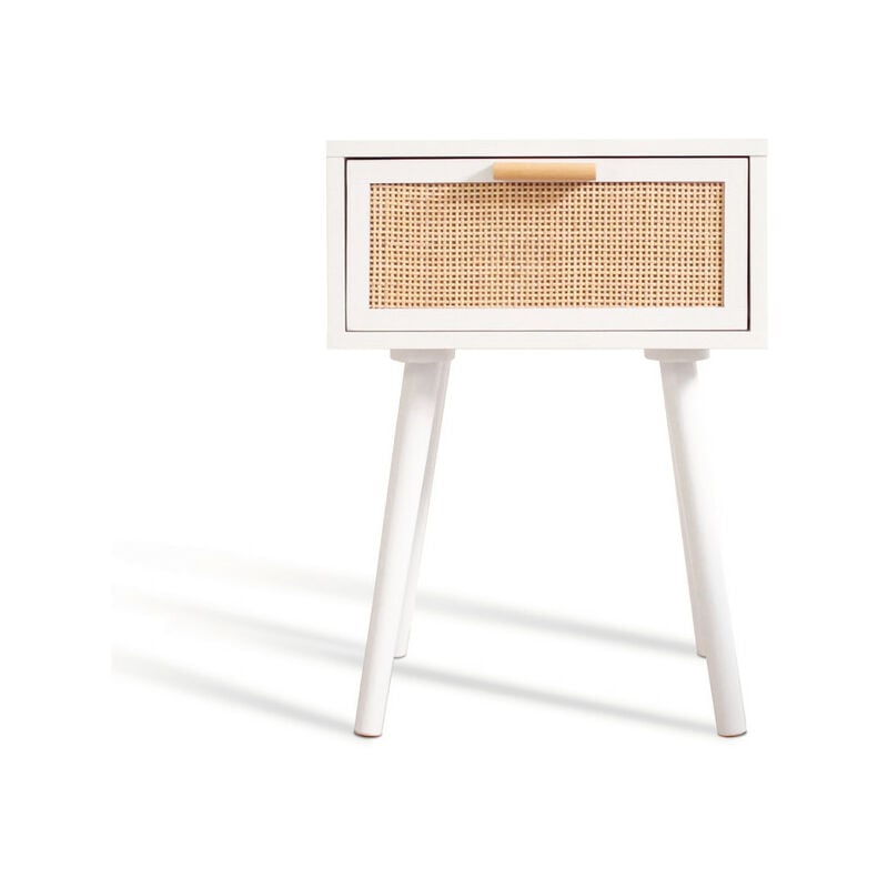 Alguer Living Diana mesita de noche madera blanca con natural flotante y patas mesilla dormitorio vintage 40x30x56h