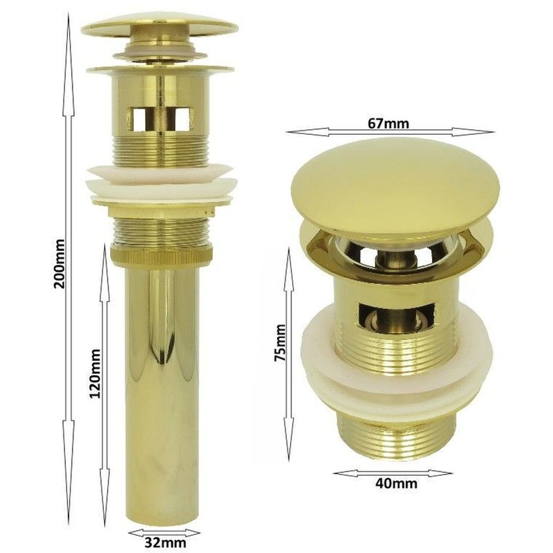 Excenter PopUp Ablaufventil Push-Up Ablaufgarnitur Waschbecken gold mit Überlauf 