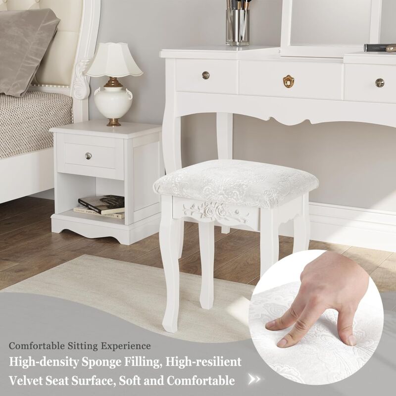 WOLTU Dressing Table Stool. Soft Padded Vanity Stool. Makeup Chair for  Bedroom. MDF Wood. Baroque Style. Cream White