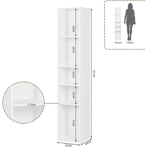 WOLTU Bookcase 5 Tiers. Bookshelves. Multifunctional Storage Unit. Cabinet for Living Room. Office. Engineered Wood. White. 30x26x151cm