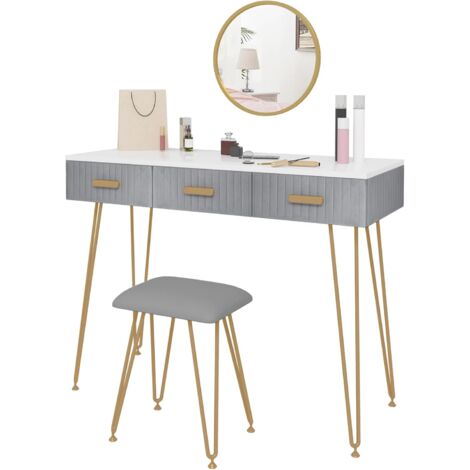 WOLTU Dressing Table Set with Mirror. Makeup Dresser Table Stool. Home Bedroom Cosmetic Furniture Grey