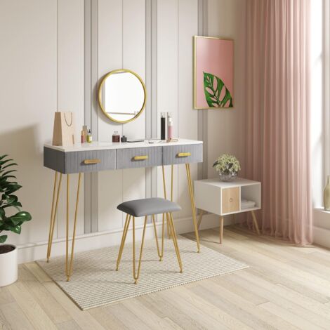 WOLTU Dressing Table Set with Mirror. Makeup Dresser Table Stool. Home Bedroom Cosmetic Furniture Grey