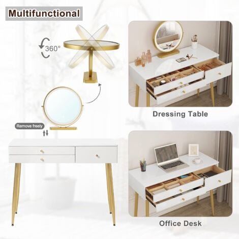 WOLTU Dressing Table with LED Lights Mirror, Vanity Makeup Table Set with Adjustable Brightness Mirror, Velvet Stool and Free Make-up Organizer, 3 Drawers，White + Cream + Gold