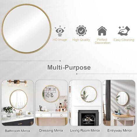 WOLTU Large Modern Round Glass Mirror 50cm Black Frame Wall Mounted Bathroom,Gold