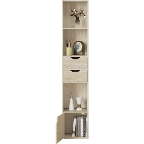 WOLTU Tall Bookcase Shelving with 3 Open Cubes, 2 Drawers, 1 Cabinet Storage Unit, Light Oak