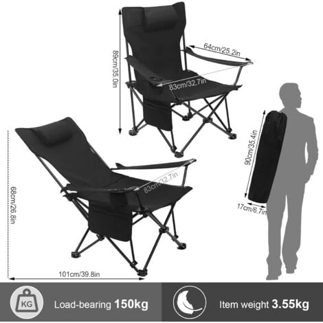 WOLTU 1x Folding Camping Chair with Carrying Bag and Storage Pocket Black