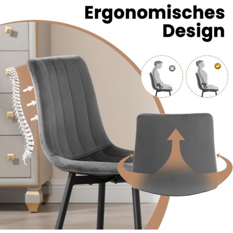 Klihome Set of 4 Designer Velvet Dining Chairs Metal Legs, Dark Grey