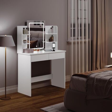 WOLTU Dressing Table, 3 Color LED Mirror Set, Vanity Makeup Table with 2 Drawers and Open shelves, White