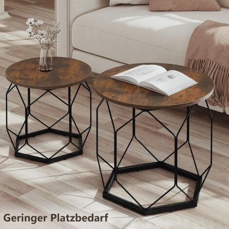 WOLTU Set of 2 Coffee Tables with Round Table Top. Sofa Table with Hollow Metal Frame. Living Room Table with Storage Space. Made of Wood Material Metal. Rustic Brown