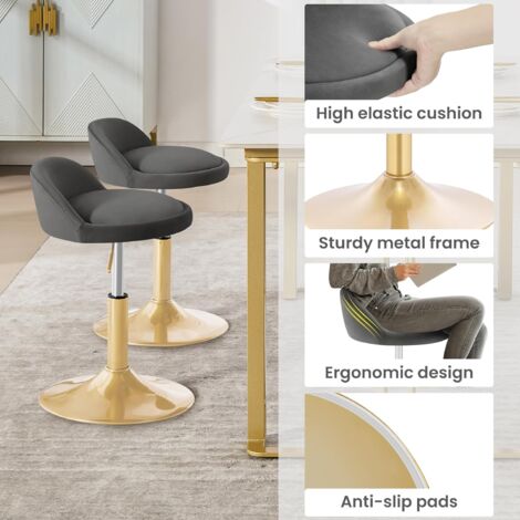 WOLTU 1x Bar Stools in Velvet Chairs Height Adjustable Stools Backrest, Dark Grey +Golden