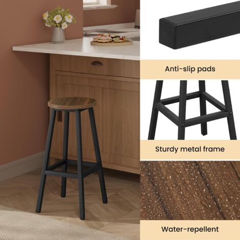 Klihome 2x Bar Stools Sturdy Metal Frame Breakfast Dining Bar Stools Fixed Height Bar Stools Breakfast Bar, Counter, Kitchen and Home, Dark wood colour