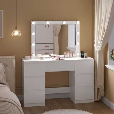 WOLTU Dressing Table, LED Vanity Makeup Desk Set with LED Mirror, Multi-Socket and 7 Drawers, White