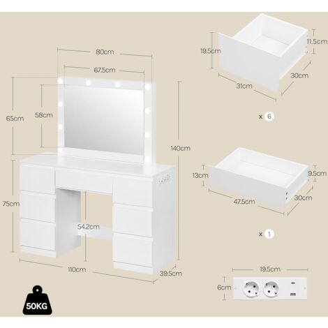 WOLTU Dressing Table, LED Vanity Makeup Desk Set with LED Mirror, Multi-Socket and 7 Drawers, White