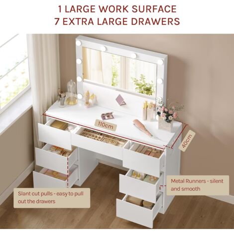 WOLTU Dressing Table, LED Vanity Makeup Desk Set with LED Mirror, Multi-Socket and 7 Drawers, White