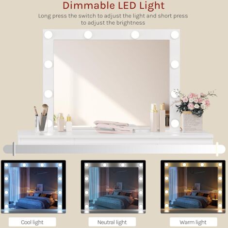 WOLTU Dressing Table, LED Vanity Makeup Desk Set with LED Mirror, Multi-Socket and 7 Drawers, White