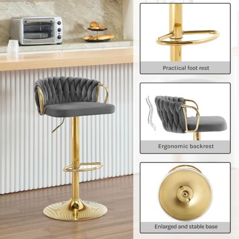WOLTU 2x Breakfast Bar Stools Bar Chairs for Kitchen Counter, 360° Swivel Stool, Height Adjustable, Velvet, Dark Grey