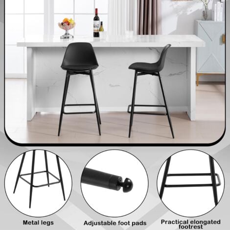 Klihome 2x Bar Stools Dining Room Kitchen Breakfast High Chairs Footrest Barstool with Cushioned PP Seat and Metal Frame, Black