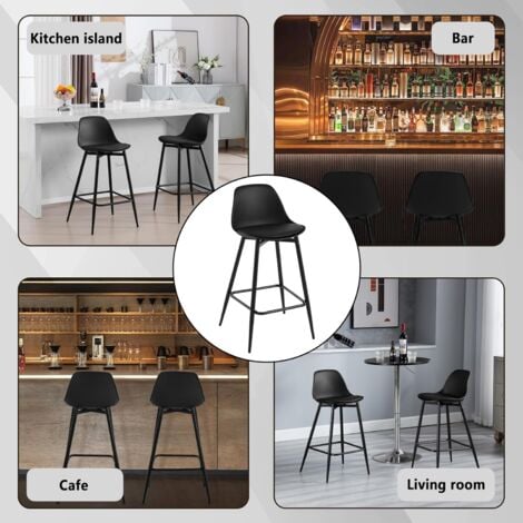 Klihome 2x Bar Stools Dining Room Kitchen Breakfast High Chairs Footrest Barstool with Cushioned PP Seat and Metal Frame, Black