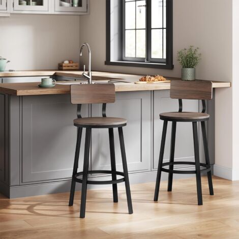 WOLTU 2x Bar Stools Kitchen Stools with Backs and Arms, Metal Frame + MDF Seat Footrest for Home Counter Breakfast, Dark wood effect