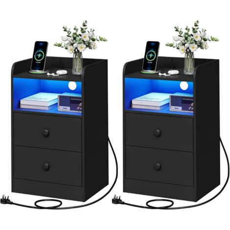 WOLTU 2x Bedside Table,3-tier Nightstand,LED Bedside Cabinet,Side Cabinet for Bedroom Living Room, Black
