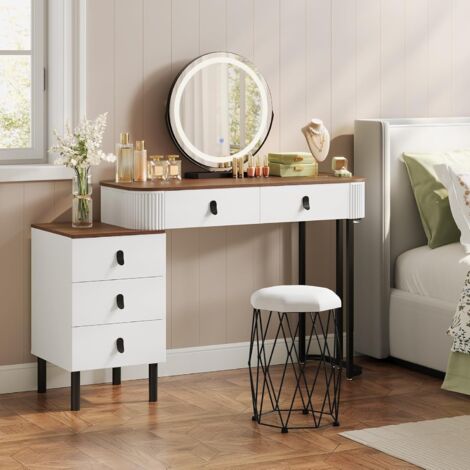 WOLTU Dressing Table with Mirror, 5 Drawers Vanity Table with 3 colors LED Light, Orange brown wood effect+White Stool