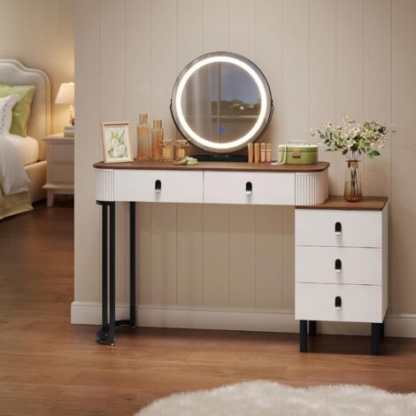 WOLTU Dressing Table with Mirror, 5 Drawers Vanity Table with 3 colors LED Light, Orange brown wood effect